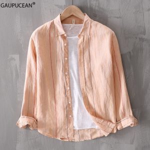 100% Linen Cool Breathable Anti-static Man Casual Shirt Summer Beach Sun-proof Young Male Stripe Fashion Long Sleeve Men Shirts