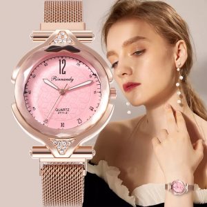 Casual Women’s Romantic Prismatic Watch Leather Rhinestone Designer Ladies Watch Simple Milan High-end Watch with Magnet Buckle