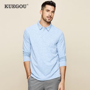 KUEGOU 2020 Spring Cotton Plain Blue Polo Shirt Men Fashions Long Sleeve Slim Fit Poloshirt For Male Wear Clothes Brands Top 227