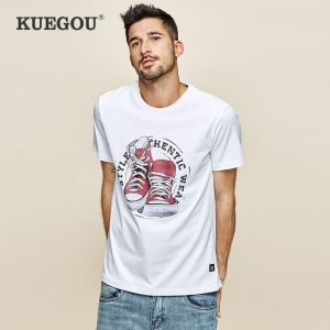 KUEGOU 2020 Summer 100% Cotton Print White T Shirt Men Tshirt Brand T-shirt Short Sleeve Tee Shirt Fashion Plus Size Tops 3307