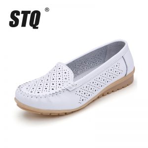 STQ 2020 Spring Women Flats Shoes Women Genuine Leather Shoes Woman Cutout Loafers Slip On Ballet Flats Ballerines Flats 169