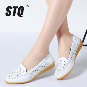 STQ 2020 Spring Women Flats Shoes Women Genuine Leather Shoes Woman Cutout Loafers Slip On Ballet Flats Ballerines Flats 169
